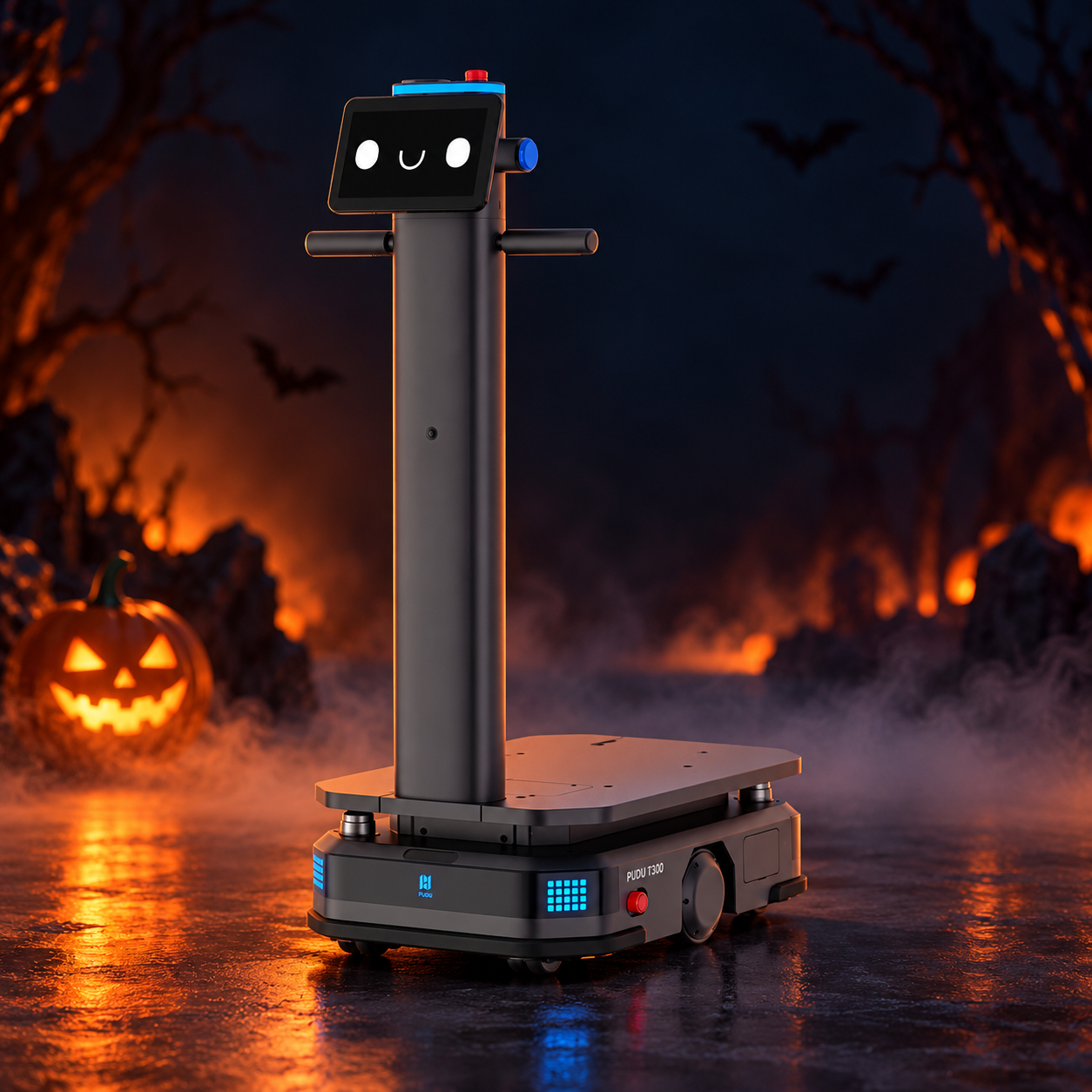 PUDU T300 Industrial Delivery Robot with decorative Halloween styling. Costume not included.